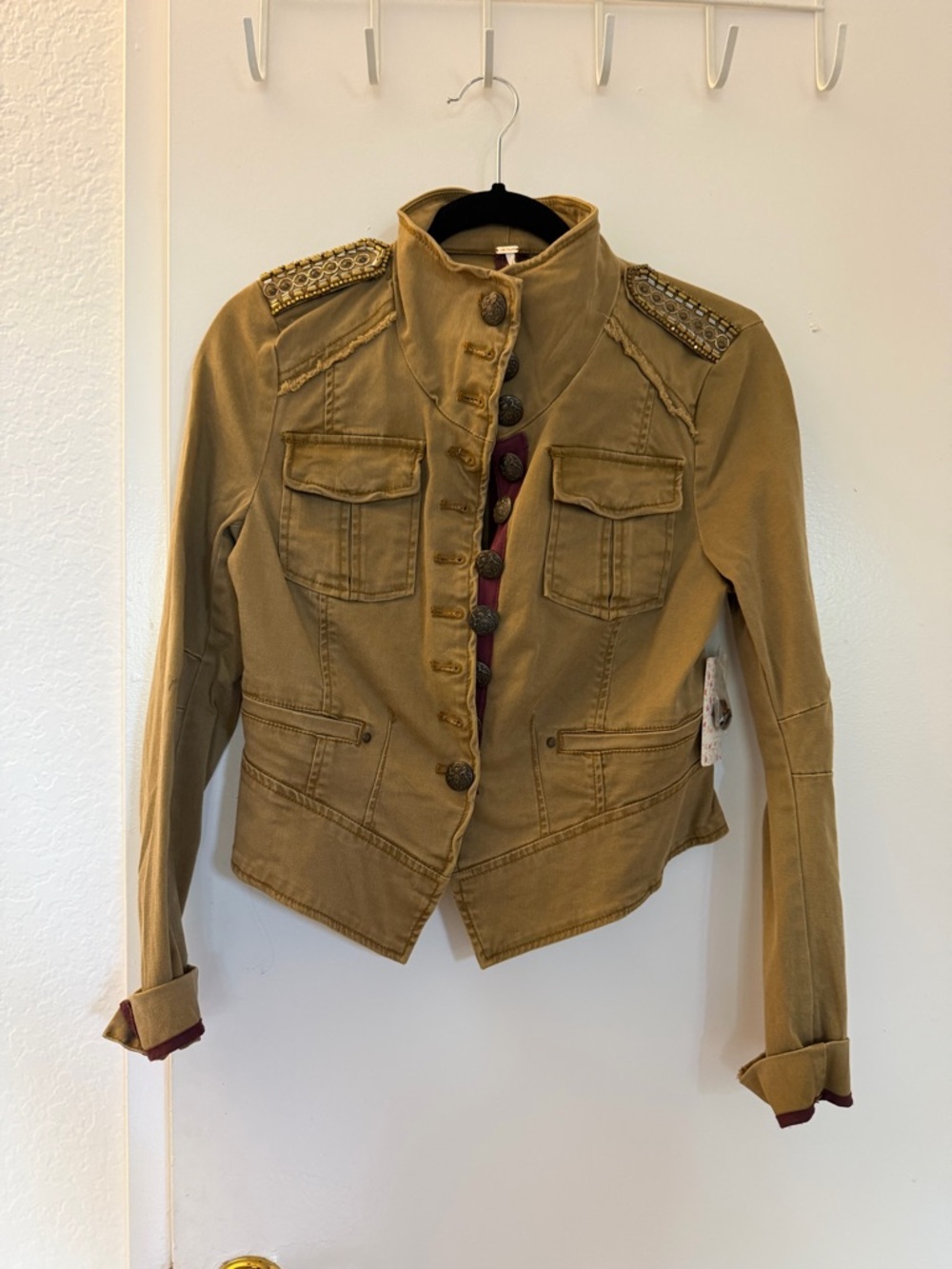 Free People Olive Green Military-Style Embellished Jacket